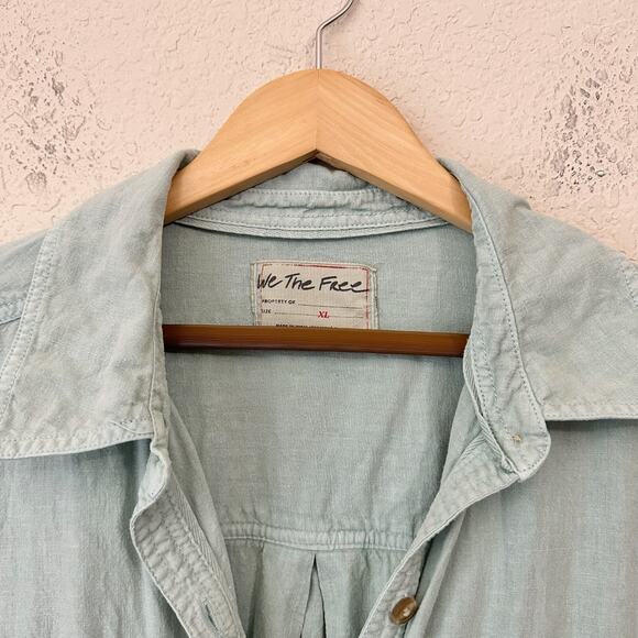 WE THE FREE Made For Sun Linen Shirt Mint Green Roll Tab Sleeve - Picture 8 of 13